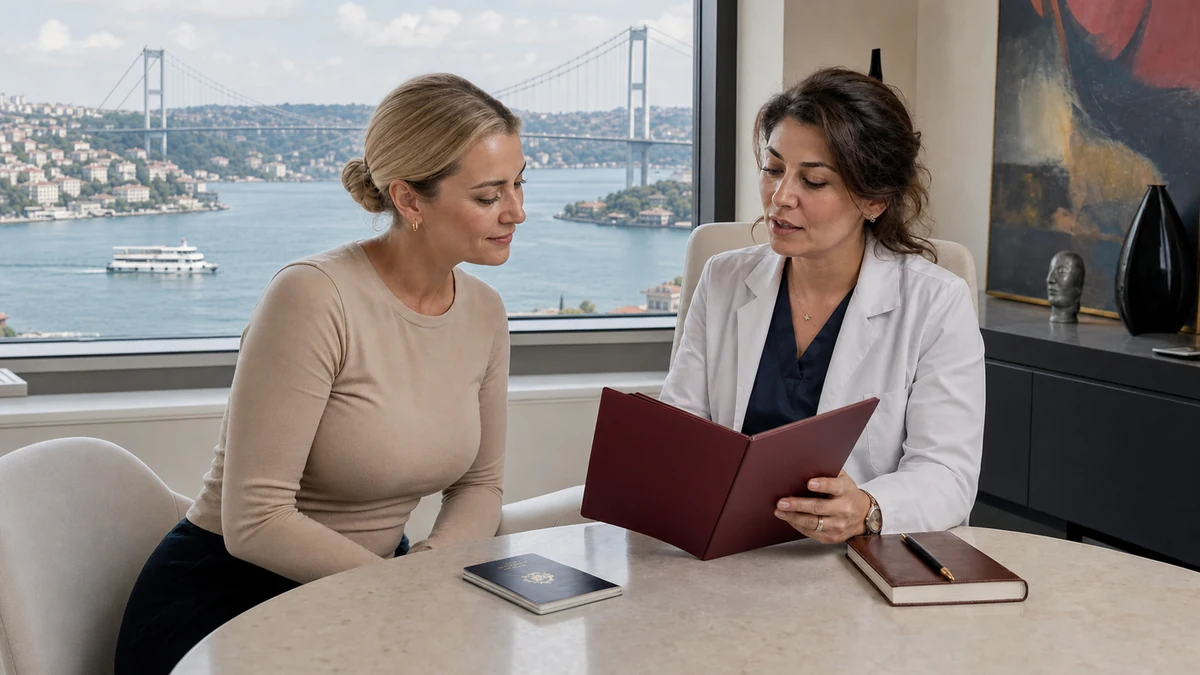 Adult patient reviewing plastic surgery travel plans for Turkey