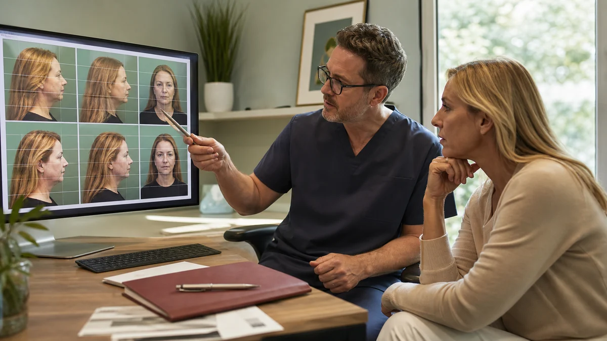 Patient critically reviewing standardized plastic surgery before-and-after photographs