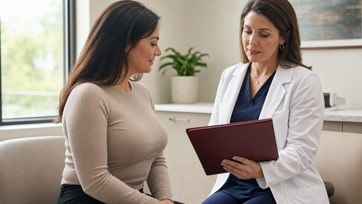 Woman reviewing a breast lift treatment plan with a female plastic surgeon