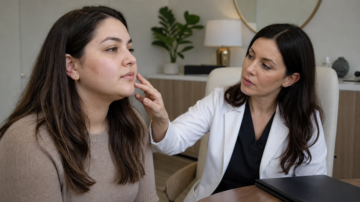 Plastic surgeon assessing a woman's cheek during a buccal fat removal consultation