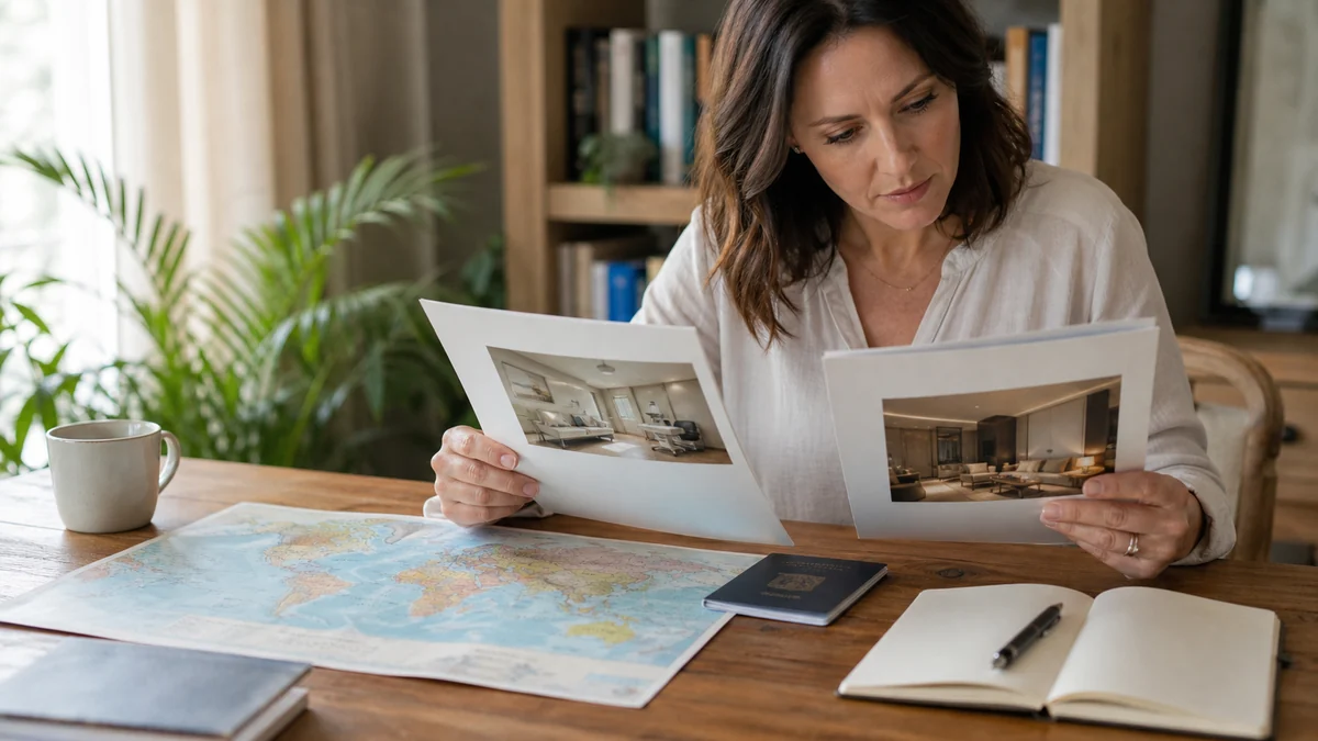 Woman comparing international clinic information beside a passport and world map