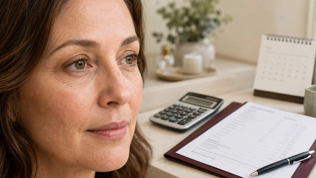Mature woman considering eyelid surgery beside a calculator and itemized medical estimate