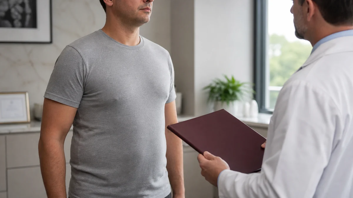 Man with chest fullness discussing a gynecomastia treatment plan with a plastic surgeon