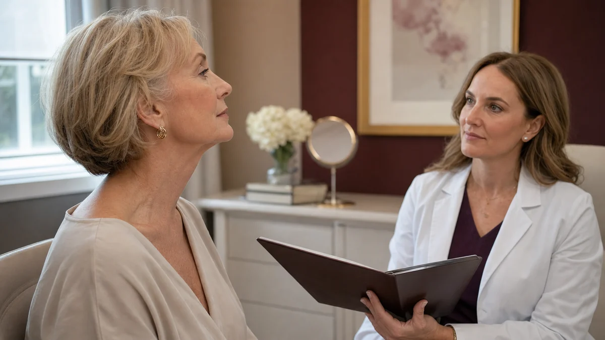 Mature woman showing her neck profile while a plastic surgeon reviews a treatment plan