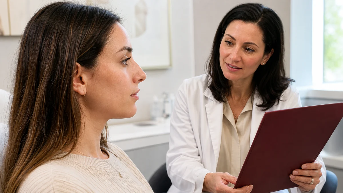 Woman in profile reviewing a rhinoplasty treatment plan with a plastic surgeon