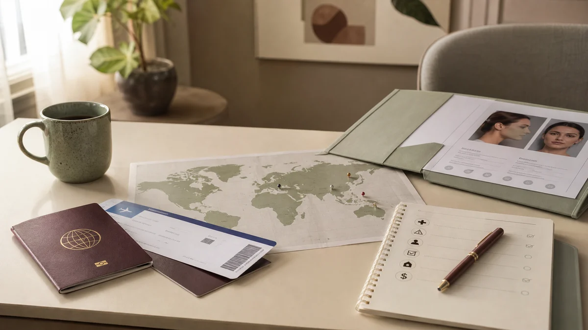 Adult patient researching cosmetic surgery abroad, travel logistics, and follow-up care