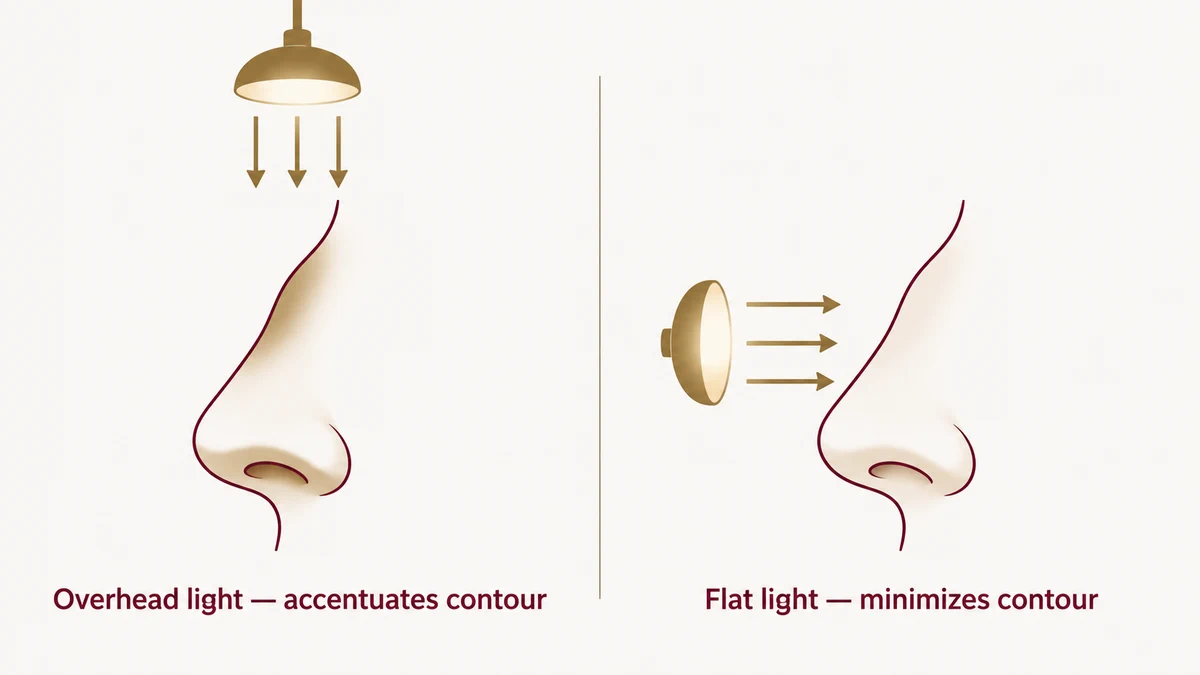 Schematic showing how overhead vs flat lighting changes the apparent contour of the same breast lift result