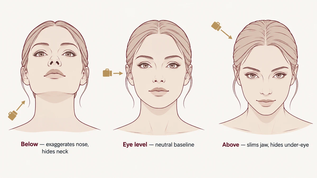 Schematic showing how camera angle changes the apparent jawline and neck contour in the same patient