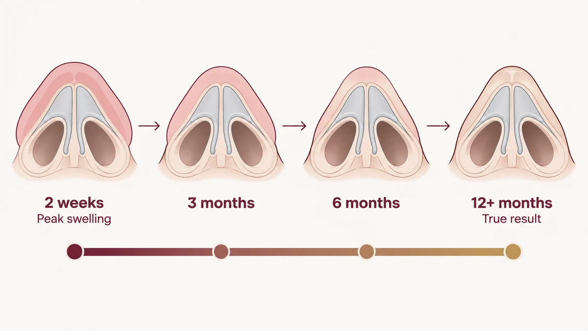 Schematic swelling timeline showing peak swelling at 2 weeks gradually settling to the true result at 6–12 months