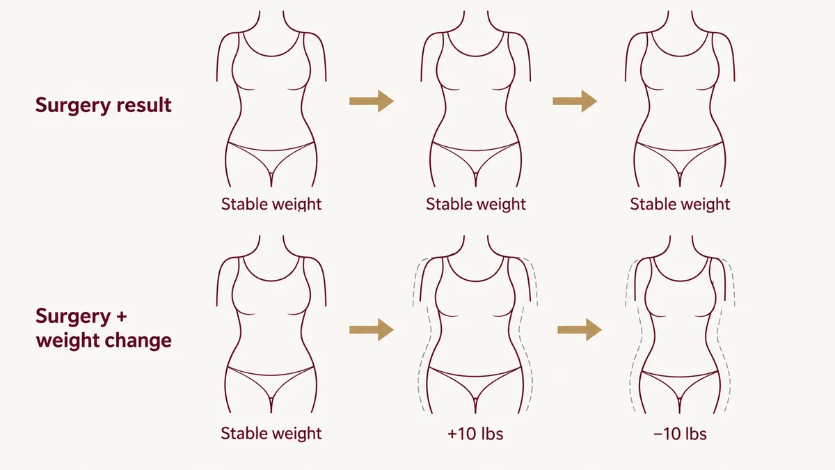 Schematic showing how weight change after BBL alters the apparent result — transferred fat grows and shrinks with the body