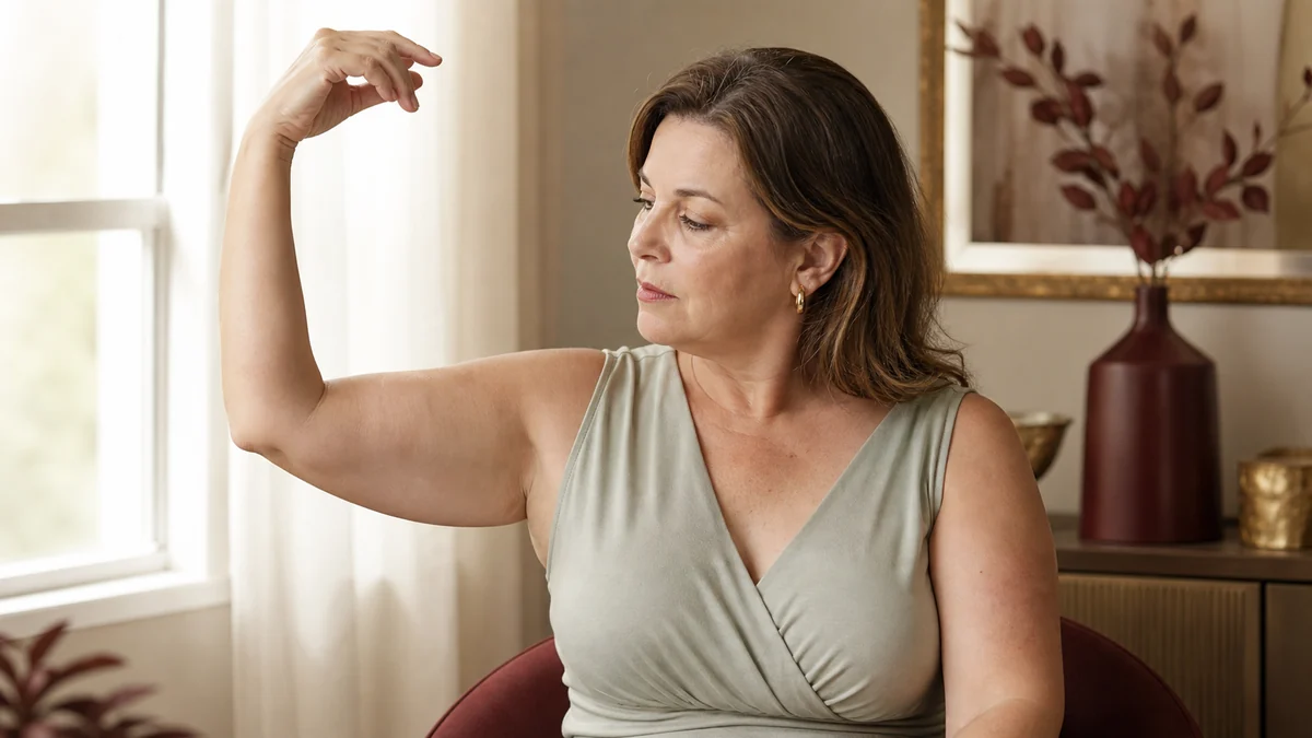 Adult woman showing her upper arm during a body contouring consultation