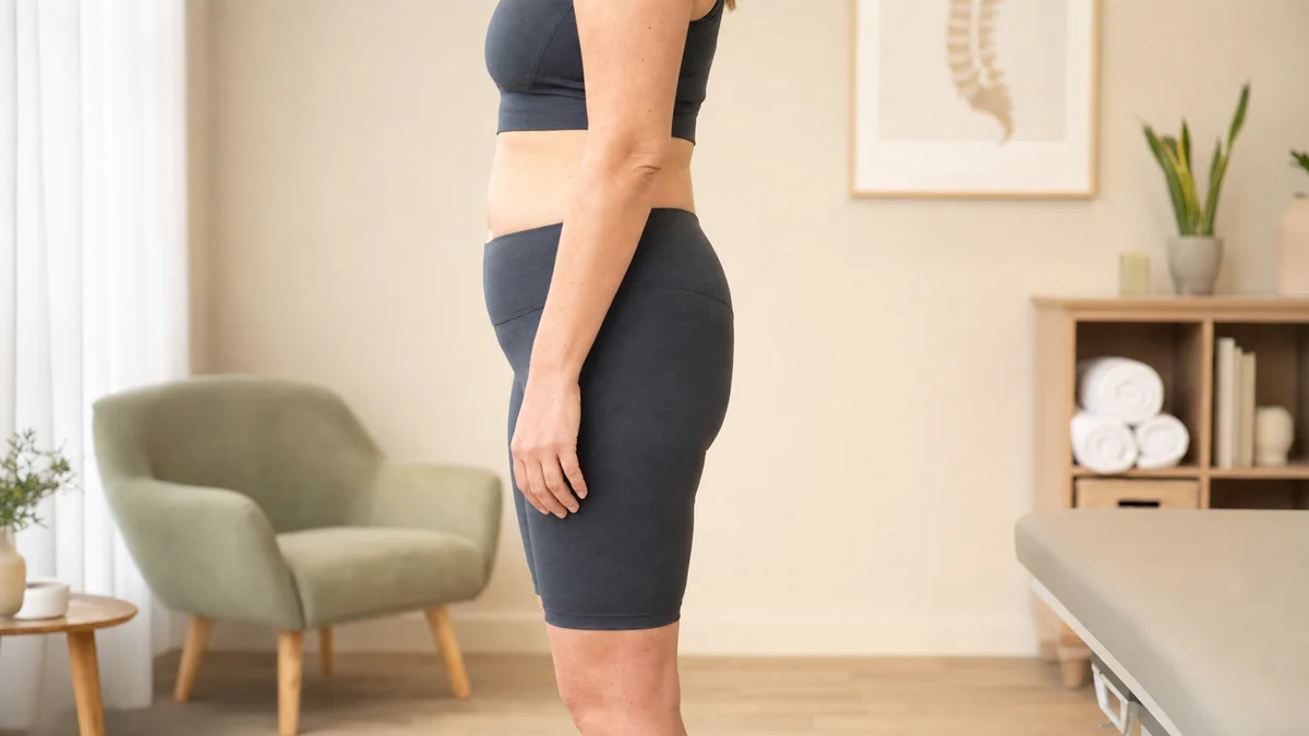 Adult woman in side profile showing natural waist, hip, and gluteal contours for BBL education