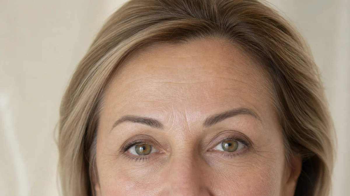 Natural close editorial view of a mature adult forehead and brow region