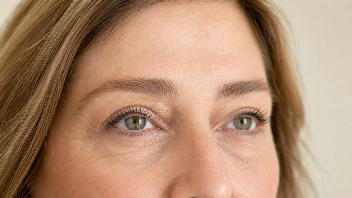 Close editorial view of a mature woman's natural upper and lower eyelid anatomy