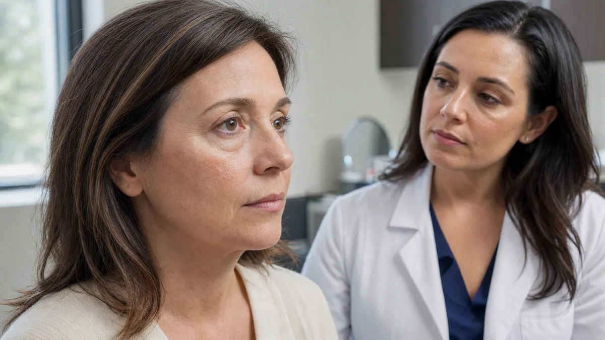 Adult woman with natural under-eye fullness during a lower-eyelid consultation
