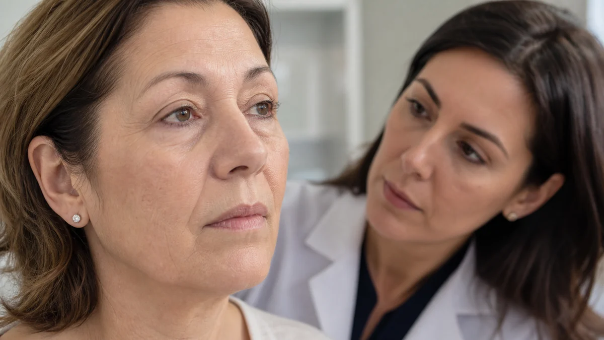 Mature woman with natural upper-eyelid hooding during an oculoplastic consultation
