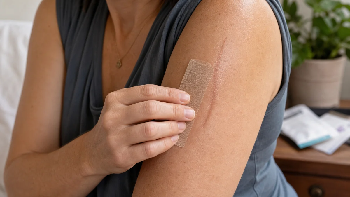 Close clinical view of a healing surgical scar during maturation
