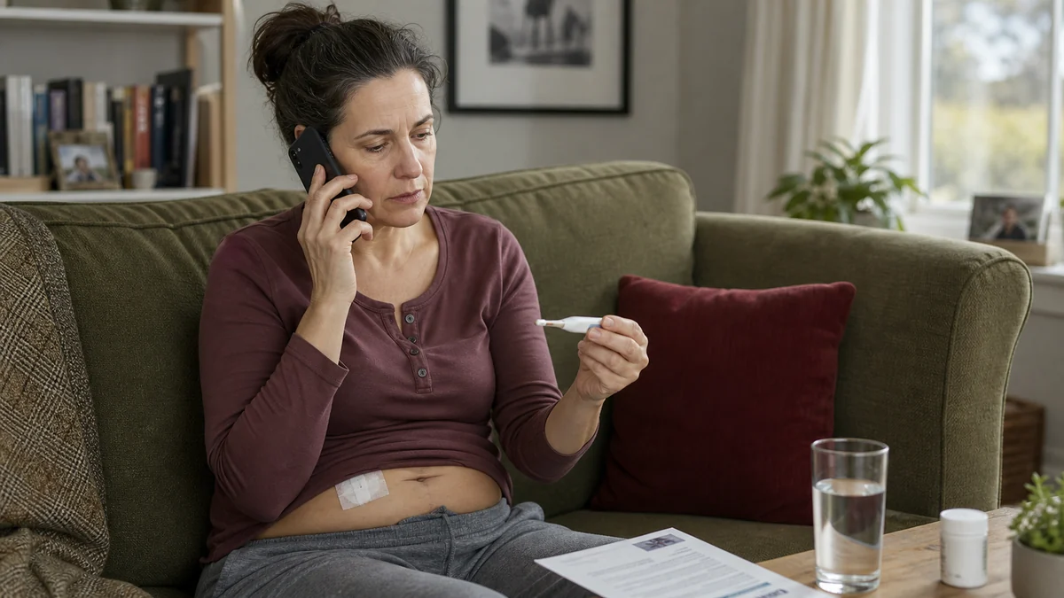 Patient reviewing postoperative warning signs with a medical professional