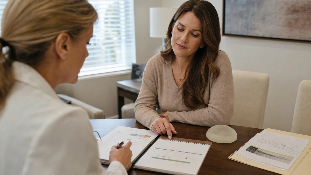 Woman discussing breast implant symptoms during a medical consultation